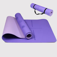 Purple & Dark eco-friendly yoga mat with alignment markers and carrying strap.