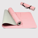 Pink & Gray eco-friendly yoga mat with alignment markers and carrying strap.