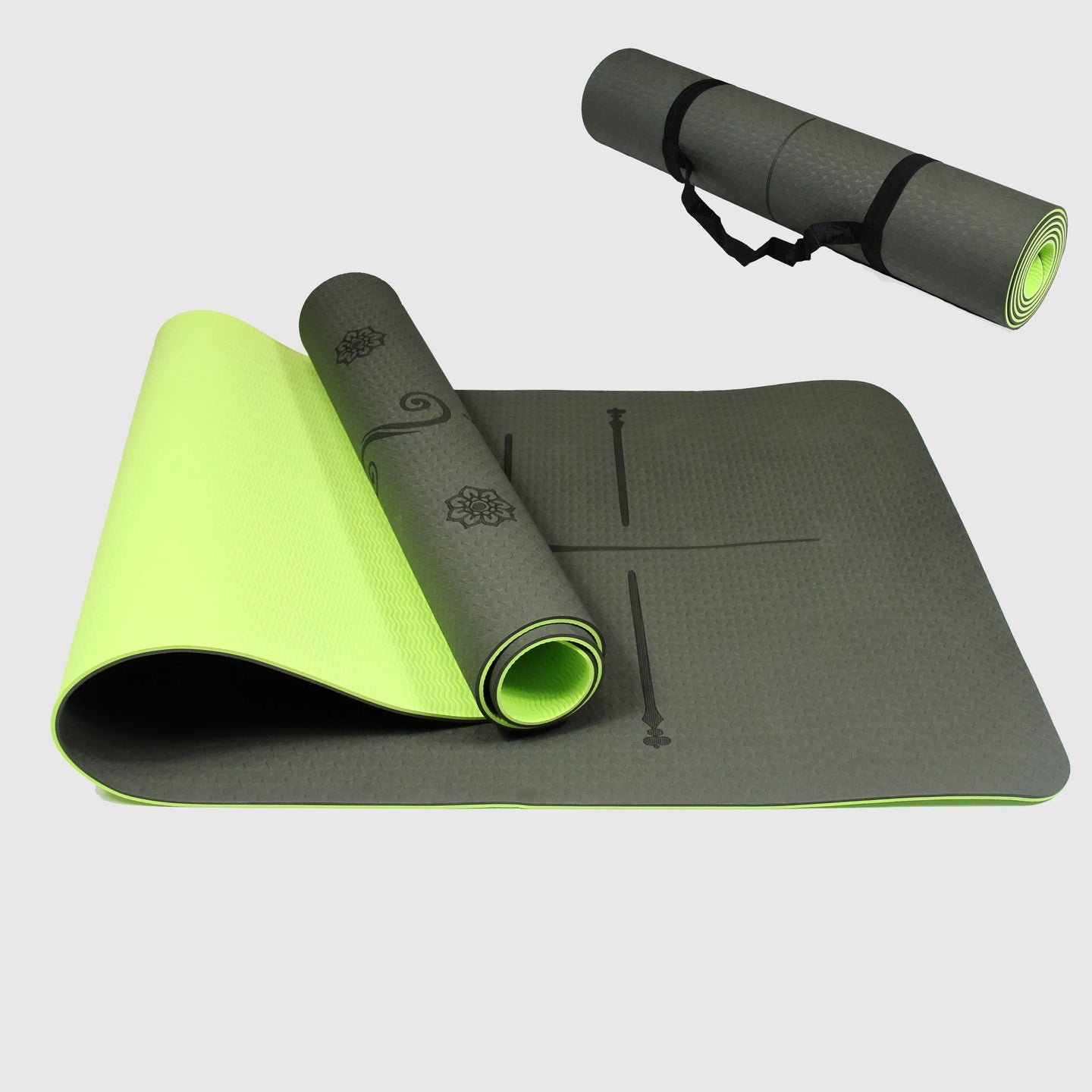 Black & Green eco-friendly yoga mat with alignment markers and carrying strap.