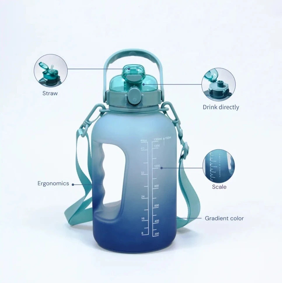 Ergonomic gradient water bottle with straw and direct drinking options, scale, and adjustable strap.