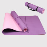 Violet & Pink eco-friendly yoga mat with alignment markers and carrying strap.