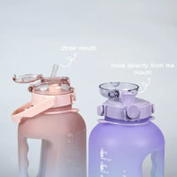 Two water bottles with dual caps, one in pink with a straw mouth and the other in purple with a direct drinking mouth.