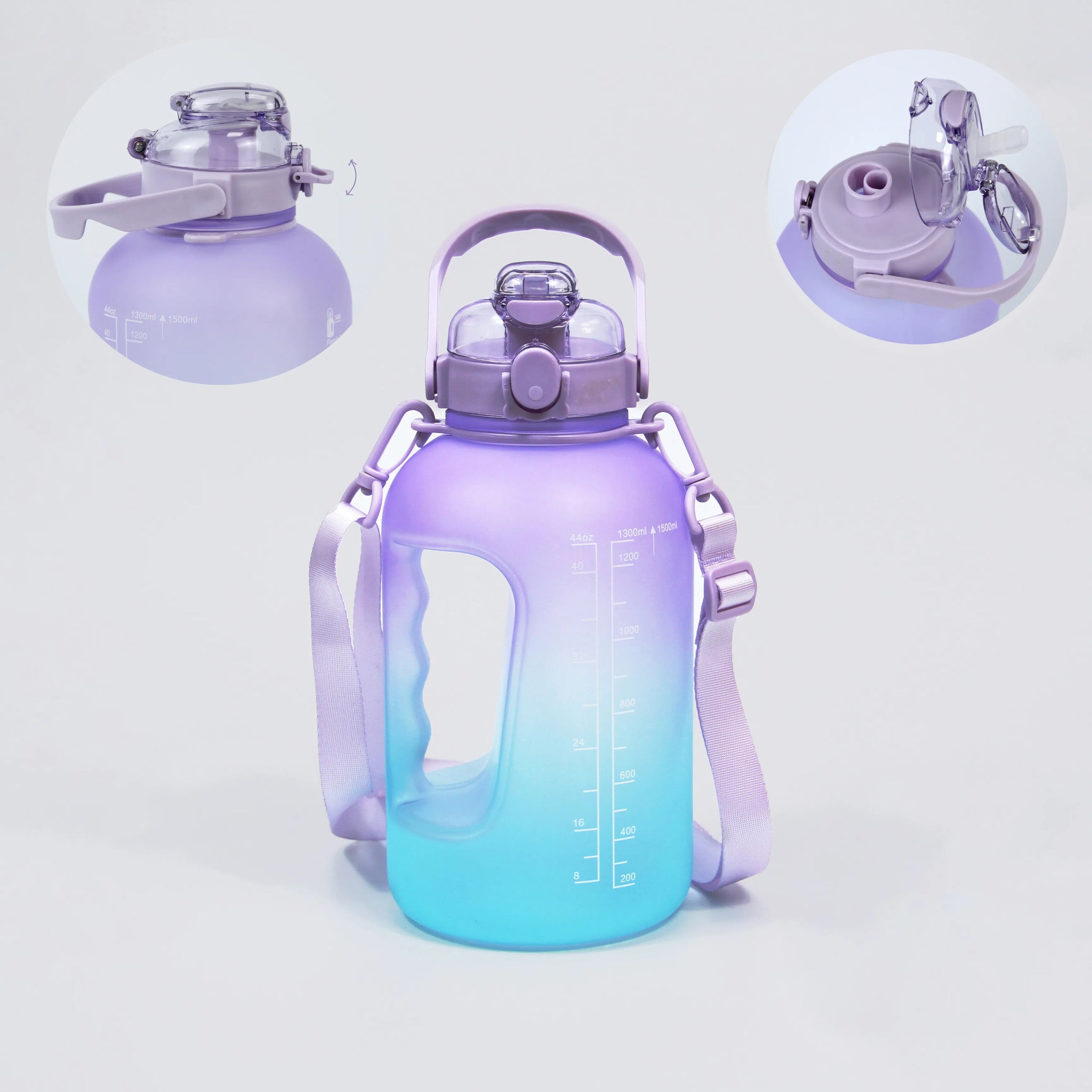 The 1500ml purple and cyan gym water bottle features a flip-top lid, time markers, and durable strap. BPA-free and perfect for hydration. Available in Canada from Sportive Lives.