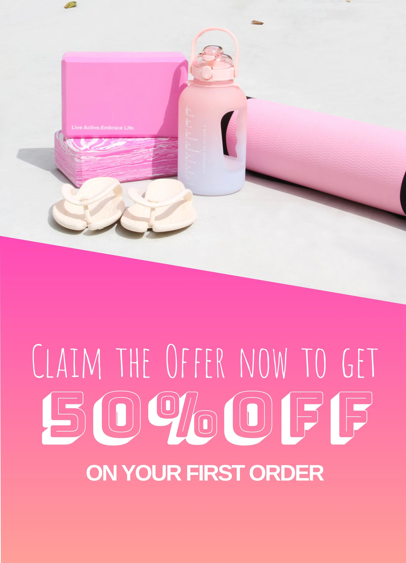 A vibrant set of pink yoga accessories, including a yoga block, water bottle, mat, and foldable slippers, displayed alongside a promotional message for 50% off on the first order.