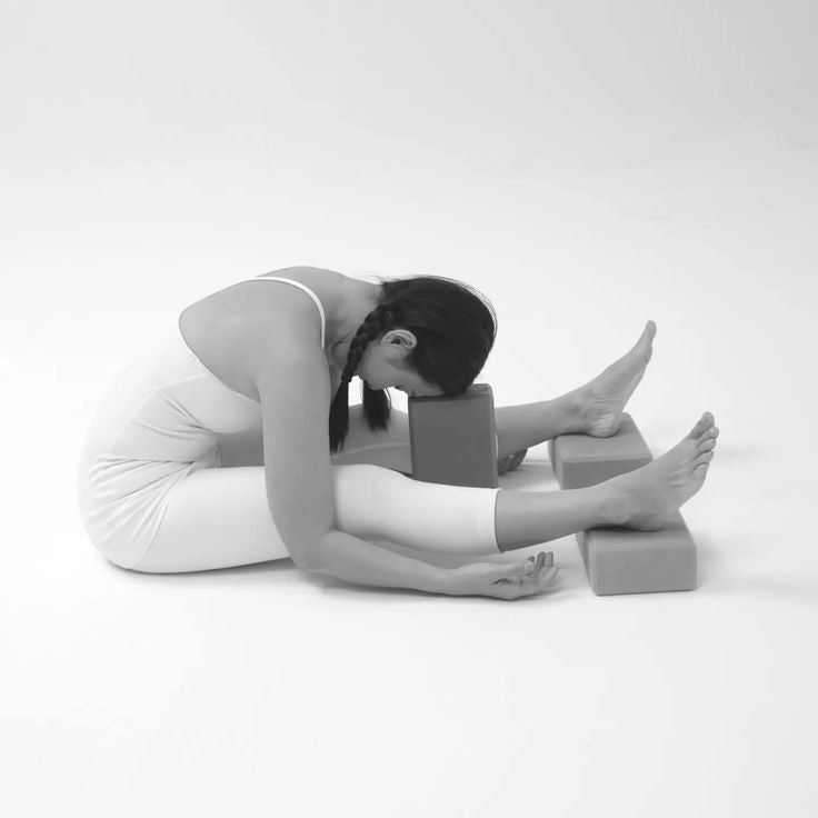 Woman practicing seated forward bend using yoga blocks for support, demonstrating gentle stretching and relaxation techniques with props. Image by Sportive Lives, promoting yoga practice in Canada.